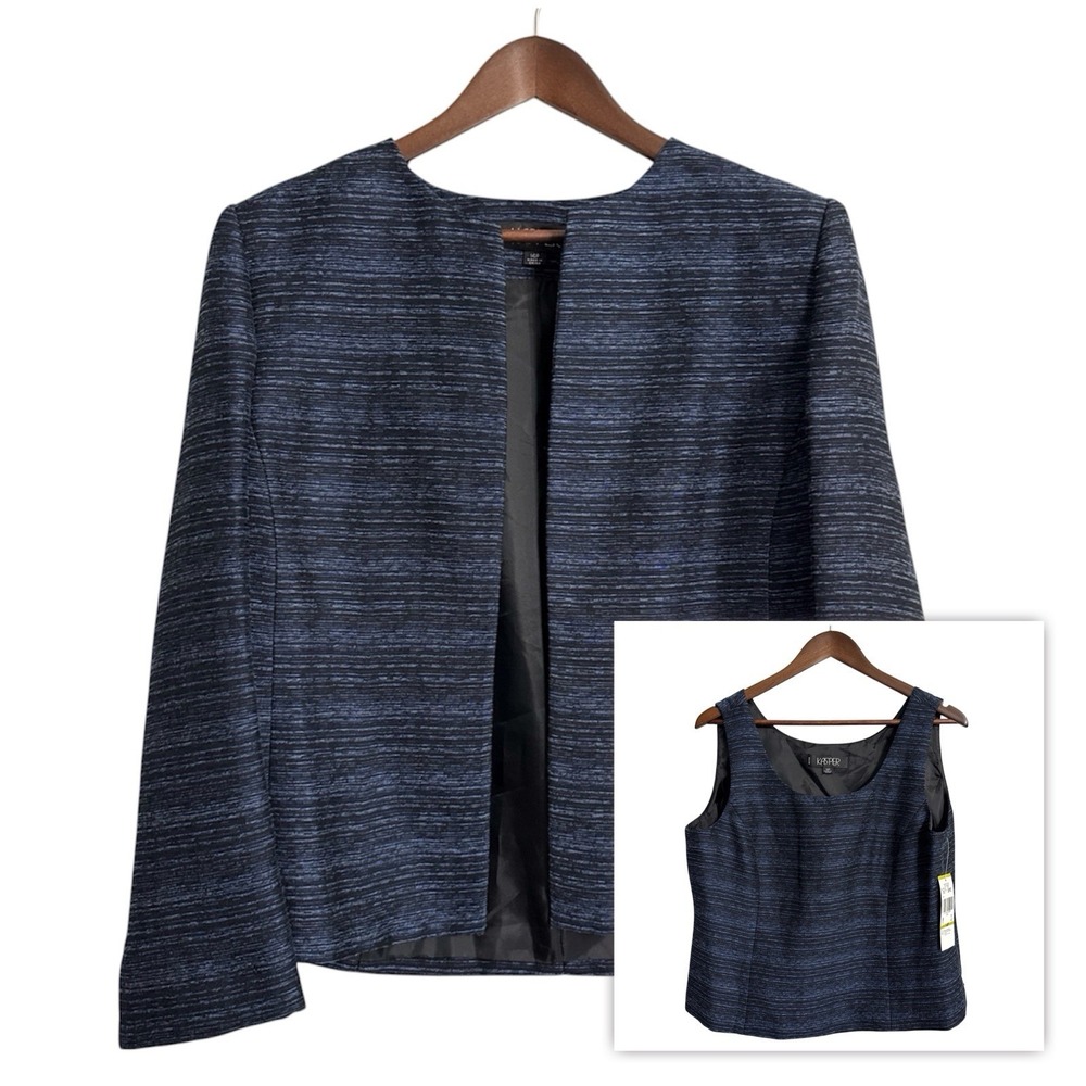 Kasper Navy Blue Textured Open-Front Blazer